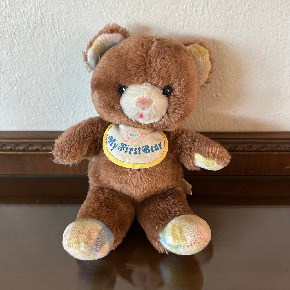 Vintage Amtoy My First Bear Brown Plush Pastel Plaid Bib Stuffed Animal 1980s